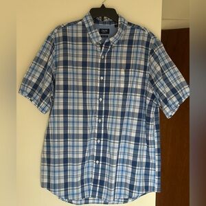 Chaps Blue & White Plaid Short-Sleeve Button-Down Shirt Classic Fit Grandad Core